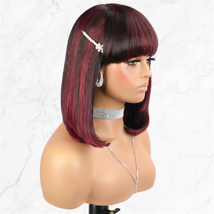99j burgundy highlights bob cut lace wigs with bangs wholesale 2