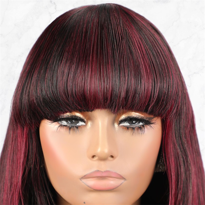 99j burgundy highlights bob cut lace wigs with bangs wholesale 5