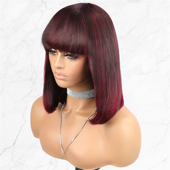 99j burgundy highlights bob cut lace wigs with bangs wholesale 7