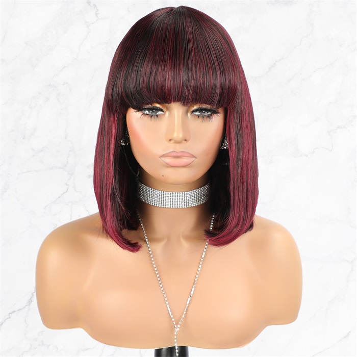 99j Burgundy Highlights Bob Cut Lace Wigs With Bangs Wholesale