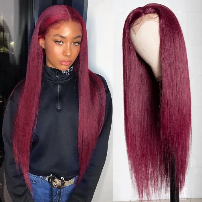affordable 99j lace part human hair wigs burgundy virgin straight hand tied hair line lace wig pre plucked colored wig for women 1