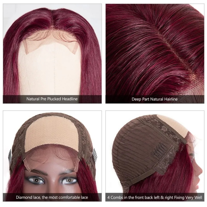 affordable 99j lace part human hair wigs burgundy virgin straight hand tied hair line lace wig pre plucked colored wig for women 6