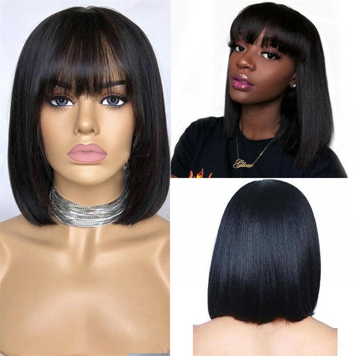 affordable short straight body non lace wigs with bangs 4