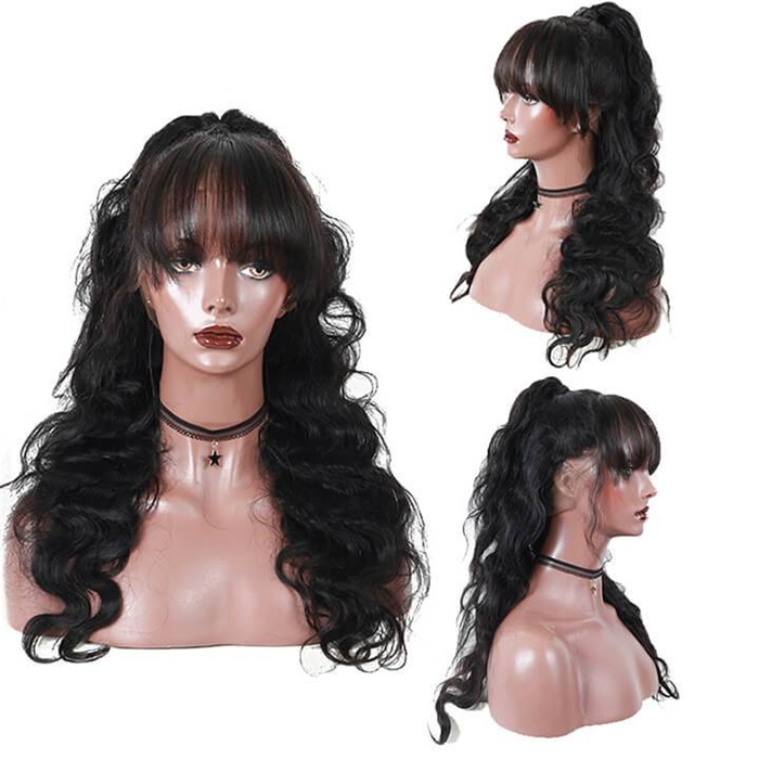 brazilian body wave human hair wigs with bangs remy full machine made human hair wigs for women wigs 4
