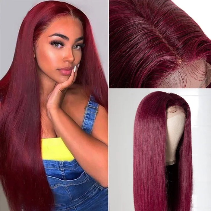 burgundy straight hair 4x4 lace closure wig layer cut human hair wigs 99j wig pre-plucked 3