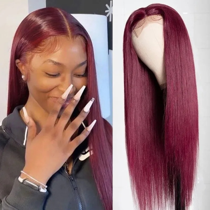 burgundy straight hair 4x4 lace closure wig layer cut human hair wigs 99j wig pre-plucked 5