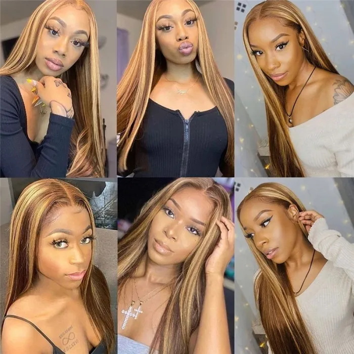 Honey Blonde Highlight 13×4 Lace Front Wigs Perruques colorées de cheveux humains