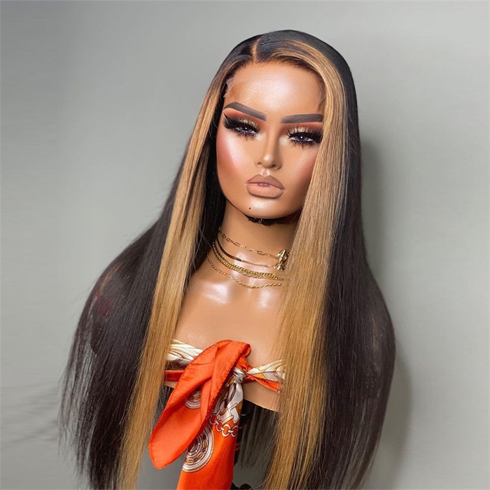 hot selling blonde highlights with black lace frontal human hair wigs 3