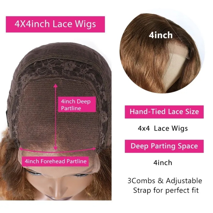 light brown 4x4 lace closure bob wigs crimp deep wave 8-16inch 6