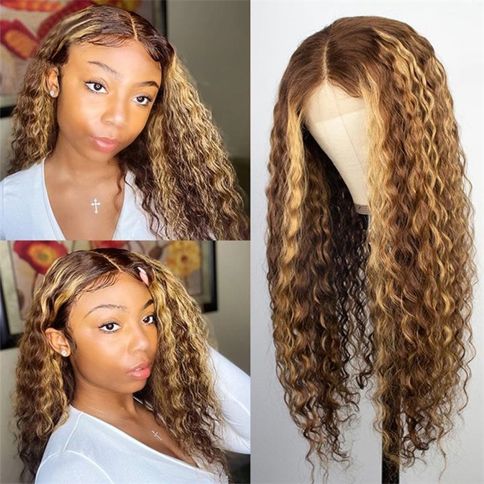 mixed brown color with blonde highlights lace frontal human hair wigs 5