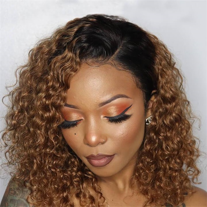 short curly ombre honey blonde lace frontal human hair wigs with baby hair 4